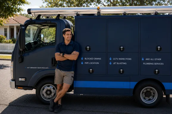 Plumber standing beside a service van in Woolloomooloo