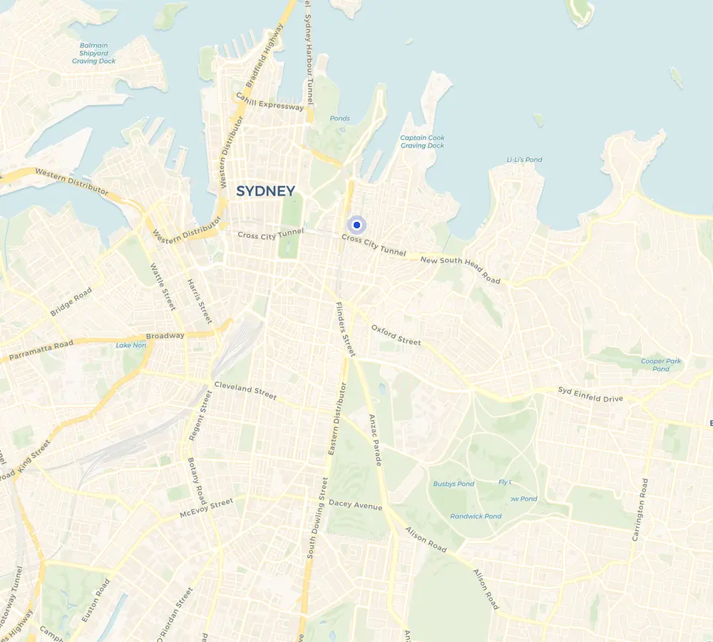 Map of the Woolloomooloo service area and the surrounding Inner City, showing Woolloomooloo and the nearby streets we cover.
