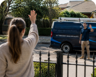 Customer waving goodbye to a Woolloomooloo Blocked Drains plumber